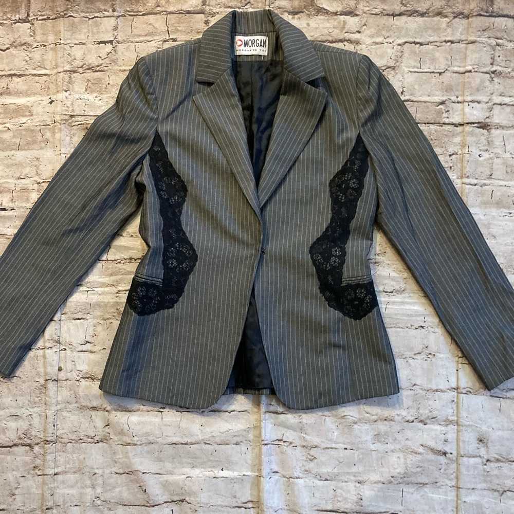 MORGAN DE TOI vintage Gray Pinstripe Blazer black lace detail size 4